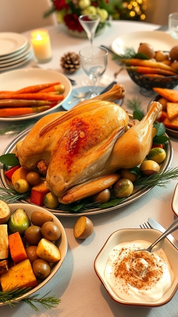 A Christmas dinner featuring roasted chicken and seasonal vegetables on a decorated table.